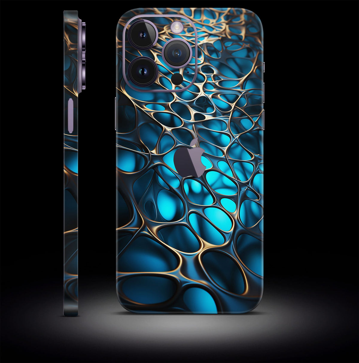 iPhone Skin Aqua Nexus – Glänzendes, futuristisches Design mit blauen und goldenen Elementen. Schutzhülle für iPhone mit hochwertiger Grafik