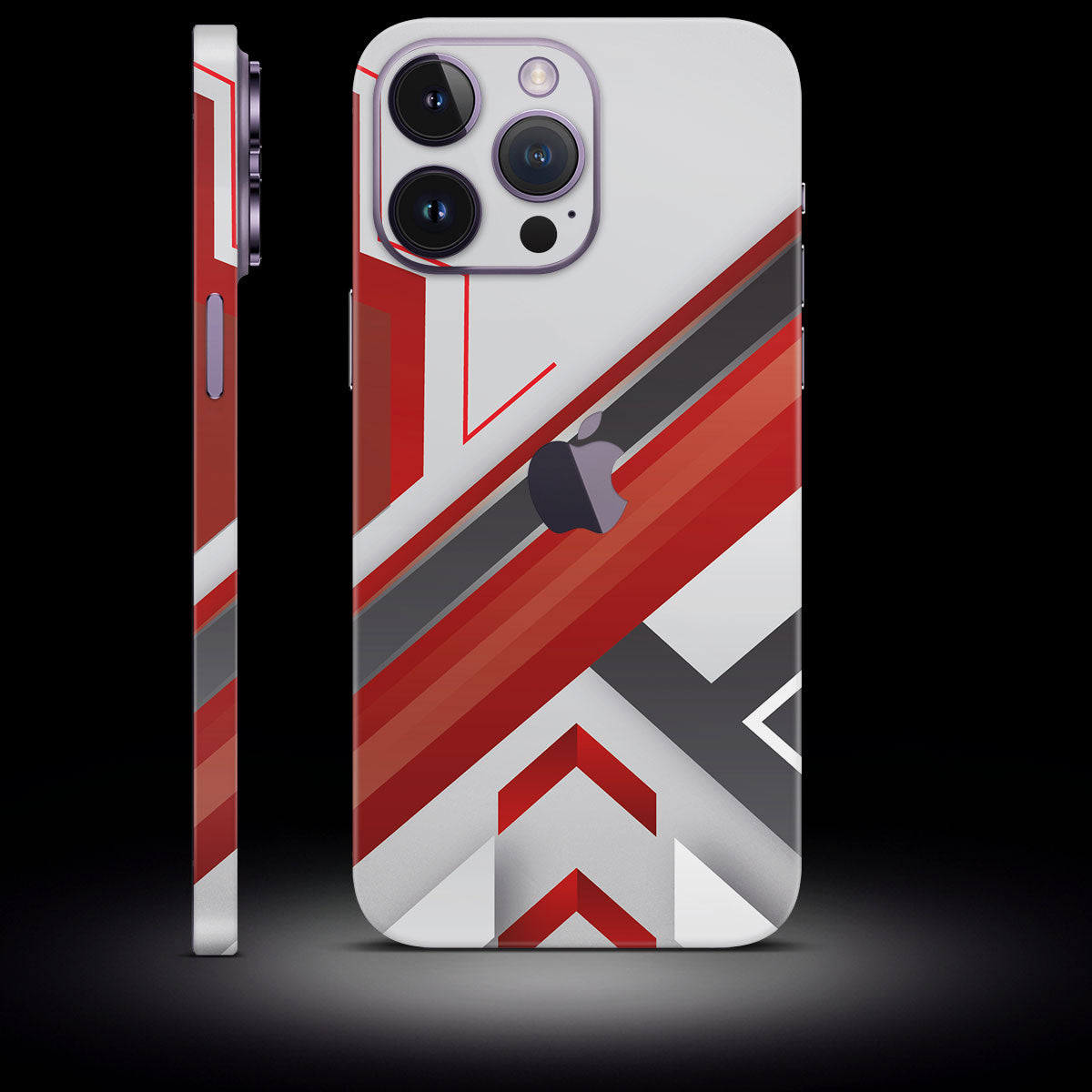 iPhone Skin Crimson Arrow – Mattes Design mit roten, grauen und weißen Pfeilen. Hochwertige, passgenaue Folie für das iPhone