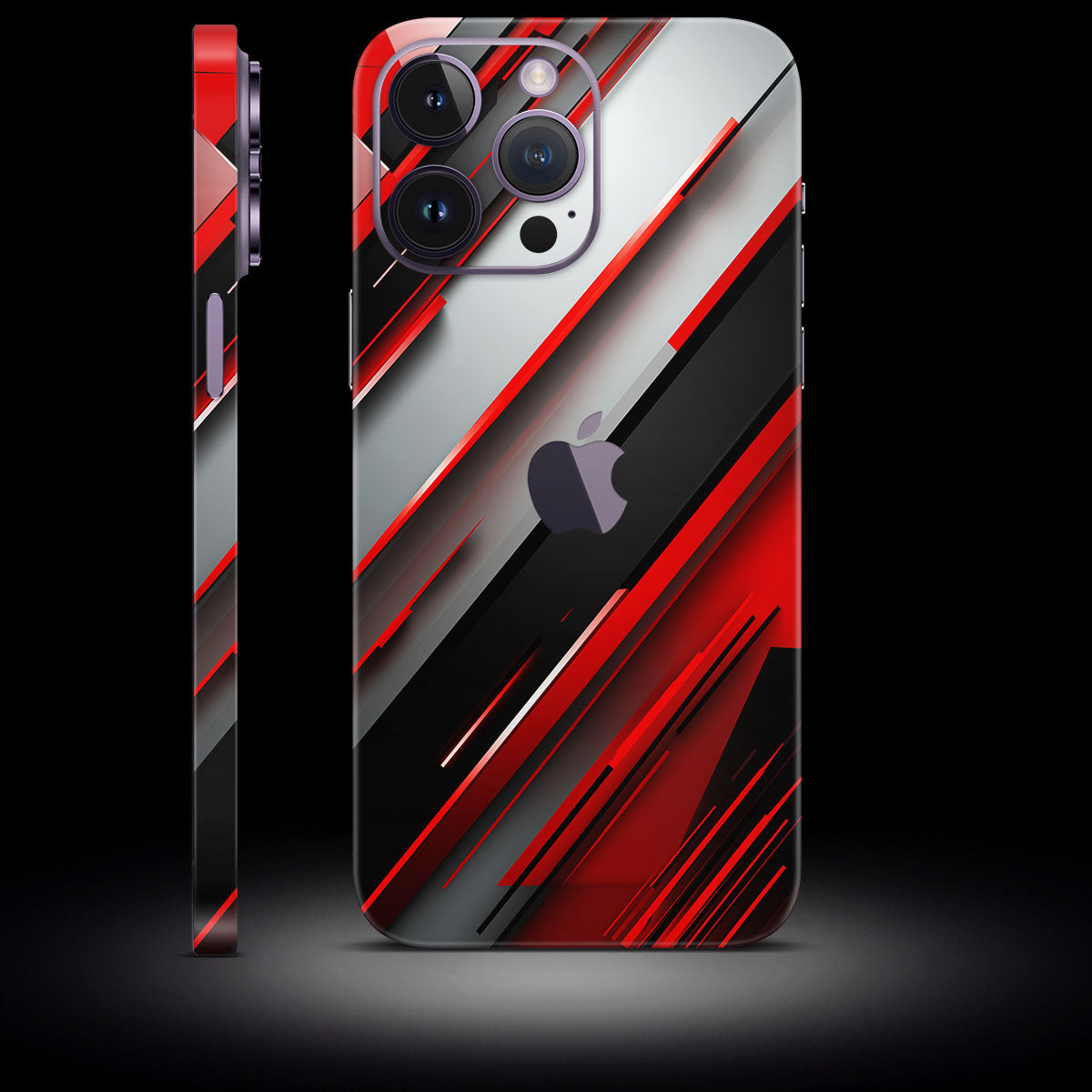 iPhone Skin Red Streak – Mattes Design mit roten, schwarzen und silbernen Streifen. Hochwertige, passgenaue Folie für das iPhone